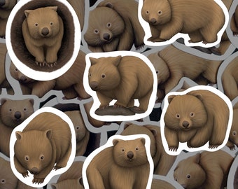 May include: A set of ten brown and white wombat stickers. Each sticker features a different pose of the wombat, with some stickers showing the wombat standing, sitting, or lying down. The stickers are all on a white background.