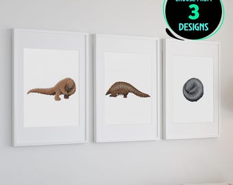 Juego de 3 impresiones artísticas de pangolín, decoración de pared de vida silvestre, ilustración de mamífero acorazado, regalo para la mejora del hogar para conservacionistas