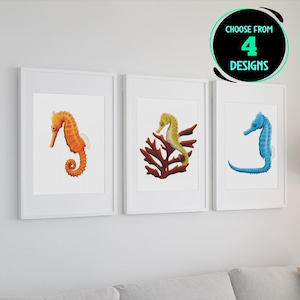 Seahorse Art Prints Coastal Decor Colorful Sea Horse Wall Art Marine Life Fish Illustrations Tropical Ocean Decor Set of 4
