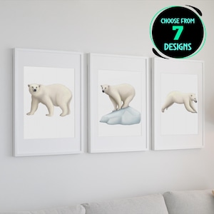 Polar Bear Art Print Arctic Wildlife Poster Polar Bear Wall Decor Animal Illustration Home Interior Design Gift for Nature Lover Set of 3