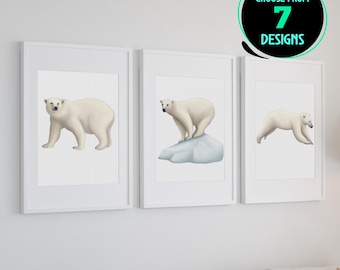 Polar Bear Art Print Arctic Wildlife Poster Polar Bear Wall Decor Animal Illustration Home Interior Design Gift for Nature Lover Set of 3