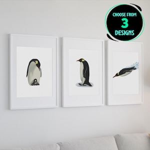 Juego de 3 impresiones de pingüino emperador, arte de pared de pájaro antártico, decoración minimalista de pingüinos para guardería, hogar, oficina