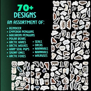 May include: A collection of over 70 animal designs, including reindeer, penguins, polar bears, and arctic foxes. The image features a variety of stickers with a black background and white borders. Text reads "70+ Designs" and "An assortment of:"