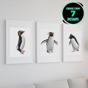 Impresiones artísticas de pingüinos de penacho amarillo, aves antárticas, vida silvestre costera, decoración para el hogar y la oficina, ilustración única de amantes de los pingüinos, juego de 7