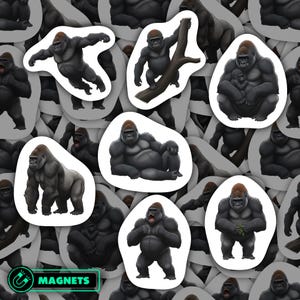 May include: A collection of die-cut magnets featuring various illustrations of gorillas in different poses, including a gorilla climbing a branch, a gorilla holding an infant, a gorilla sitting, and a gorilla standing with its mouth open.