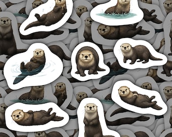 May include: A collection of stickers featuring illustrations of otters in various poses. The otters are depicted in shades of brown and tan, some floating in water. The stickers have a white border and are arranged on a gray background.
