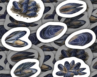 Mussel Stickers Waterproof Vinyl Shellfish Decals Ocean Gift for Seafood Lovers Mussel Sticker Pack for Scrapbooking Nautical Water Bottles