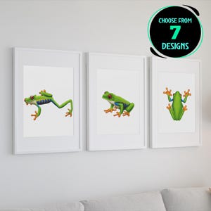 Red-Eyed Tree Frog Art Prints Vivid Amphibian Wall Decor Tropical Rainforest Poster Set for Biologist Gift Jungle Theme Room Set of 7