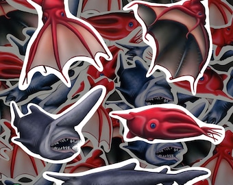 Set di magneti con calamari, goblin e squali, creature degli abissi, adesivi per frigorifero in vinile impermeabile, regalo per amanti dell'oceano, decorazione per biologia marina