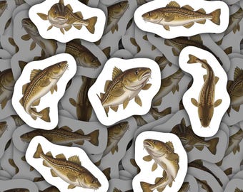 May include: A collection of fish stickers featuring detailed illustrations of cod. The stickers showcase the fish in various poses, with a focus on their distinctive features and natural coloration. The stickers are on a gray background.