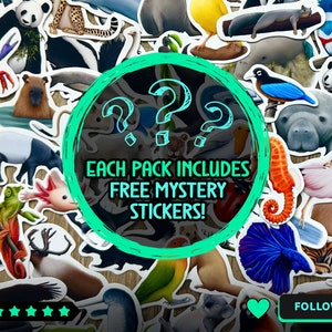 May include: A collection of animal stickers, including a lion, panda, and seahorse. The image features a green circle with question marks and the text "EACH PACK INCLUDES FREE MYSTERY STICKERS!"