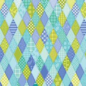 May include: A seamless pattern of blue, green, and white diamond shapes with various patterns, including polka dots, stripes, and floral designs.