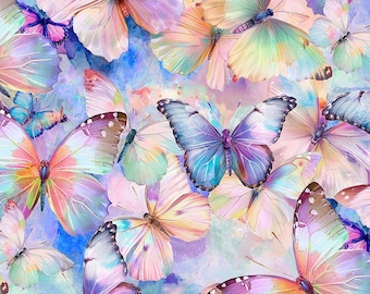 Op de afbeelding: Een levendig patroon in aquarel-stijl met talrijke vlinders in roze, paarse, blauwe en gele tinten. De vlinders hebben gedetailleerde vleugelpatronen en zijn gelaagd over een zachte, gemengde achtergrond.