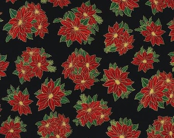 Pointsettia Black Christmas w/Metallic By Robert Kaufman fabric 100% cotton 44/45” wide