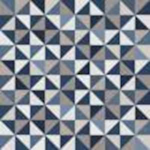 May include: Geometric pattern featuring triangles in shades of blue, gray, and white. The design creates a mosaic-like effect, with each triangle precisely placed to form a larger, repeating pattern. The color palette is cool and modern, suitable for various applications.