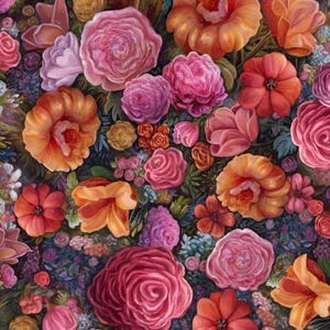 May include: A vibrant floral pattern featuring a variety of flowers in shades of red, pink, orange, and yellow. The flowers are arranged in a dense, overlapping pattern, creating a sense of depth and movement.