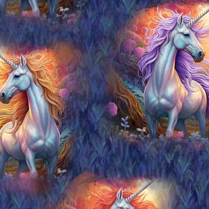 May include: Two white unicorns with iridescent manes and tails stand in a magical forest setting. The unicorn on the left has a bright orange mane and tail, while the unicorn on the right has a lavender mane and tail. Both unicorns are surrounded by lush foliage and flowers.