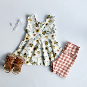 Girls Honey Bees, Bee Top, Twirly, Plaid Bike Shorts, Skirt, Dress, Floral, Outfit, Summer, Spring, Birthday, Toddler, Baby, Pink, Yellow image 1