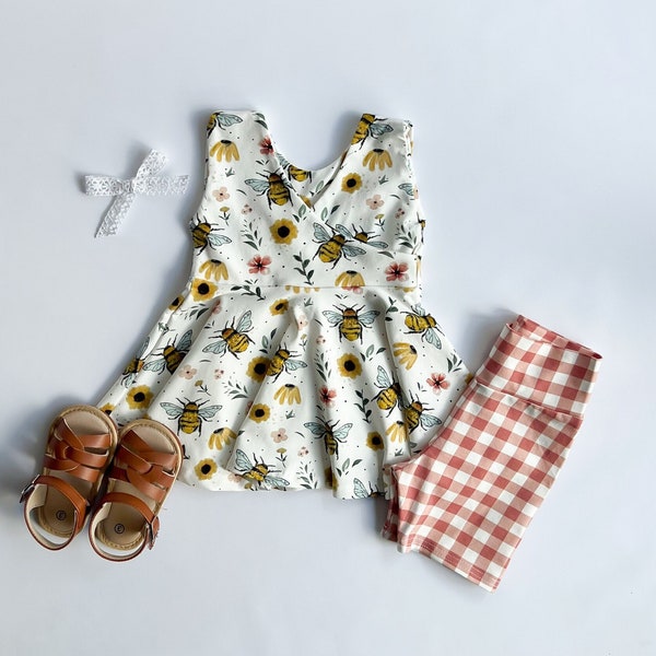 Girls Honey Bees, Bee Top, Twirly, Plaid Bike Shorts, Skirt, Dress, Floral, Outfit, Summer, Spring, Birthday, Toddler, Baby, Pink, Yellow