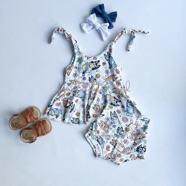 Girls Summer Peplum Dress, Girls Blue Dog Top, Girls Peplum Tank Dress, Girls Peplum Outfit, Girls Twirl Top, Summer Outfit, Match Bummies