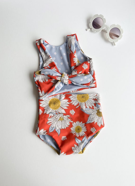Girls Red Sunflower Swimsuit, Girls 2 Piece Swim, Reversible