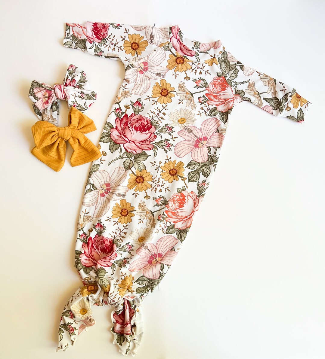 Knotted Baby Gown, Floral, Bottom Knot Baby Gown, Matching Bow, Newborn