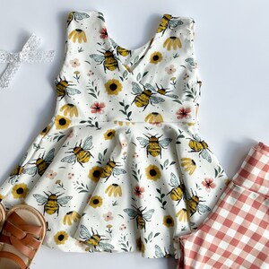 Girls Honey Bees, Bee Top, Twirly, Plaid Bike Shorts, Skirt, Dress, Floral, Outfit, Summer, Spring, Birthday, Toddler, Baby, Pink, Yellow image 2