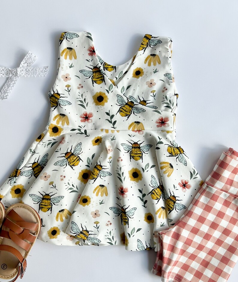 Girls Honey Bees, Bee Top, Twirly, Plaid Bike Shorts, Skirt, Dress, Floral, Outfit, Summer, Spring, Birthday, Toddler, Baby, Pink, Yellow image 2