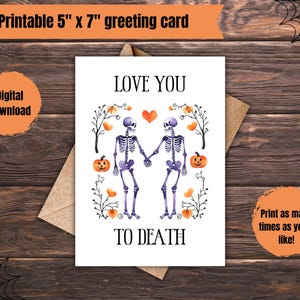 Je t'aime jusqu'à la mort carte d'Halloween | Joli couple squelette | Carte de voeux fantasmagorique romantique