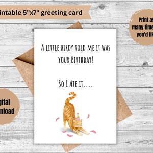 Geburtstagskarte blanko, Ein Vögelchen hat mir gesagt, dass es dein Geburtstag ist, Katzen Geburtstagskarte, sofort download