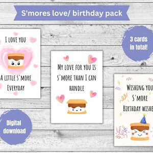 S&#39;mores Love and Birthday Wishes 3-Pack Cards - Printable PDF Instant Download