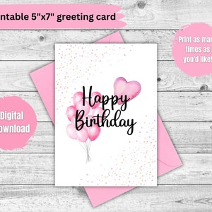 Cartão de aniversário rosa para impressão, download digital, download instantâneo, feliz aniversário, cartão de aniversário em aquarela