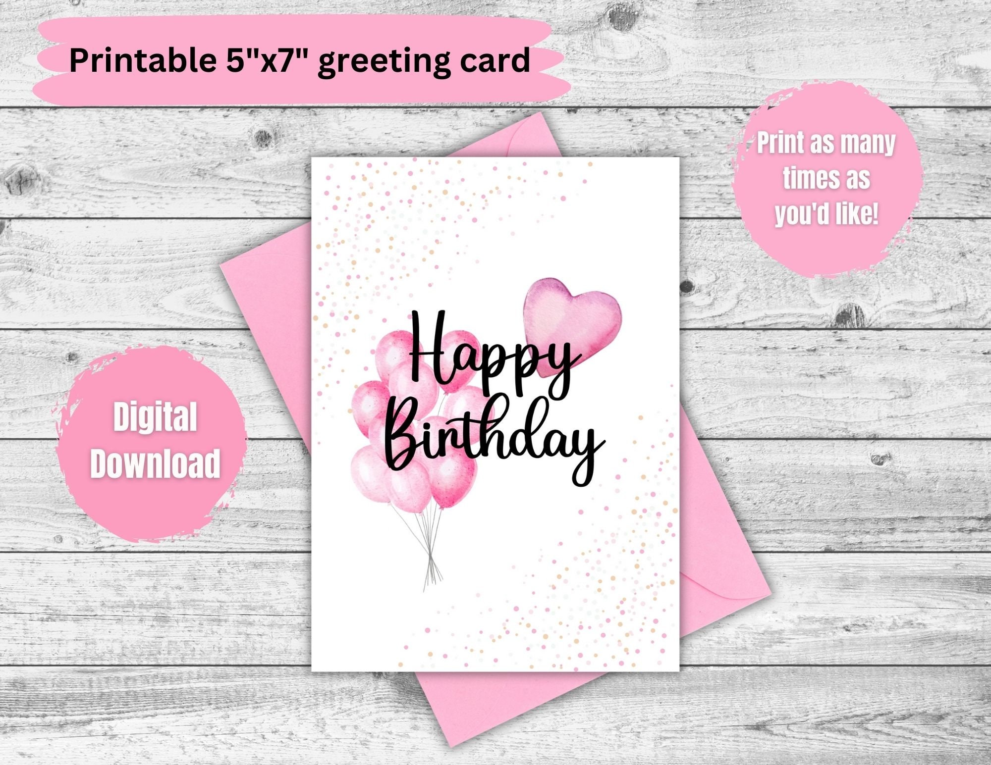Printable Pink Birthday Card, Digital Download, Instant Download, Happy ...