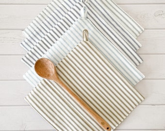 Pot Holders|Ticking Stripe|Hot Pads|Farmhouse Kitchen|Custom Fabric Choice|Farmhouse Pot Holders|Set of Two||Gifts for Her