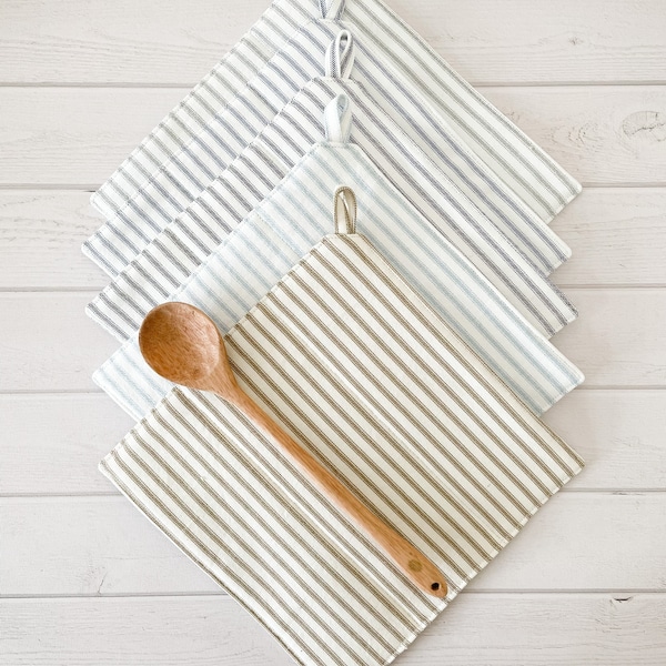 Pot Holders|Ticking Stripe|Hot Pads|Farmhouse Kitchen|Custom Fabric Choice|Farmhouse Pot Holders|Set of Two||Gifts for Her