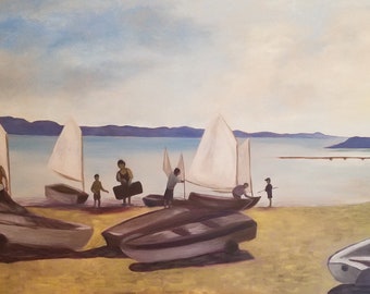 ORIGINAL OIL PAINTING - Little Boats on the Beach 24' X 36'