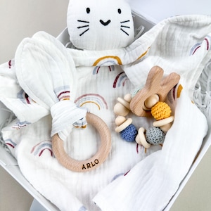 Édredons personnalisés en mousseline de coton bio, ensemble cadeau pour nouveau-né, bébé arc-en-ciel, nouveau-né, baby shower, cadeaux brodés, boîte souvenir