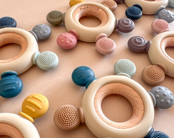 Mordedor texturizado de silicona personalizado, silicona y madera, mordedor para bebés, anillo de madera, regalo de baby shower, regalo personalizado para bebés