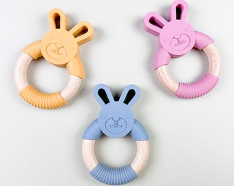Mordedor de conejito de silicona personalizado, silicona y madera, mordedor para bebé, anillo de madera, regalo de baby shower, regalo personalizado para bebé