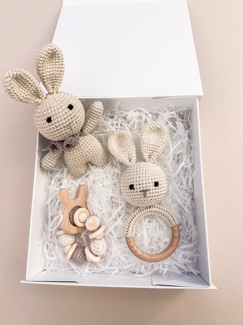 Personalised Baby Crochet Rattle Gift Set, New Baby Gift, Baby Shower Gifts, Christening Gifts, Keepsake Box, Unisex Baby Gift, Eco-Friendly image 1