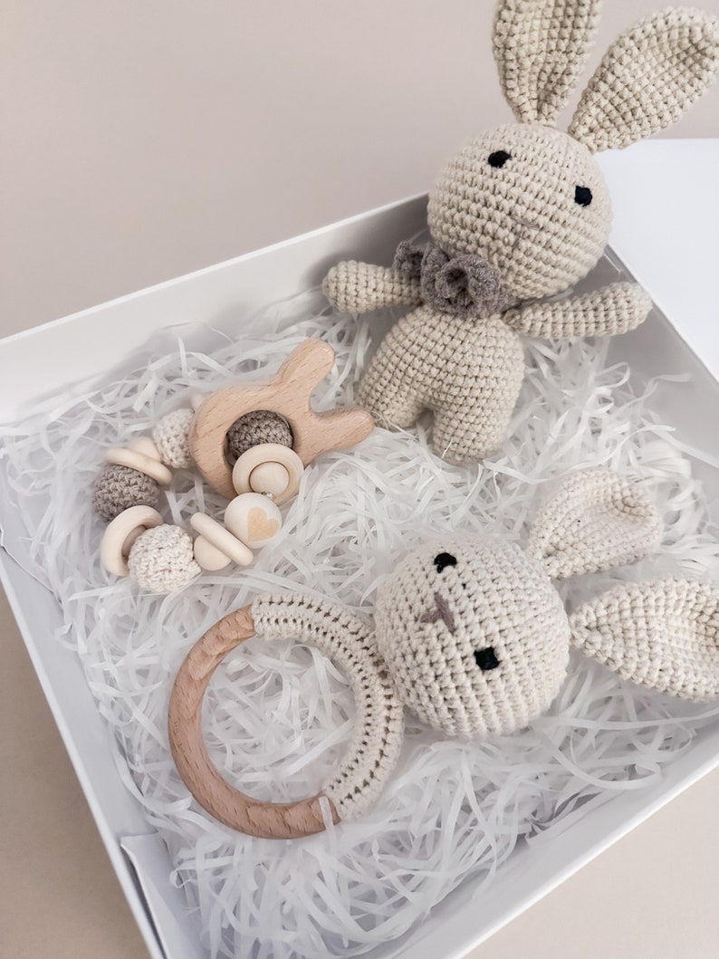 Personalised Baby Crochet Rattle Gift Set, New Baby Gift, Baby Shower Gifts, Christening Gifts, Keepsake Box, Unisex Baby Gift, Eco-Friendly image 4