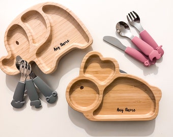 Set per lo svezzamento personalizzato in bambù e silicone, regali per neonati, regali per bambini, ecologici, set per l'alimentazione con nome, regali per il 1° compleanno