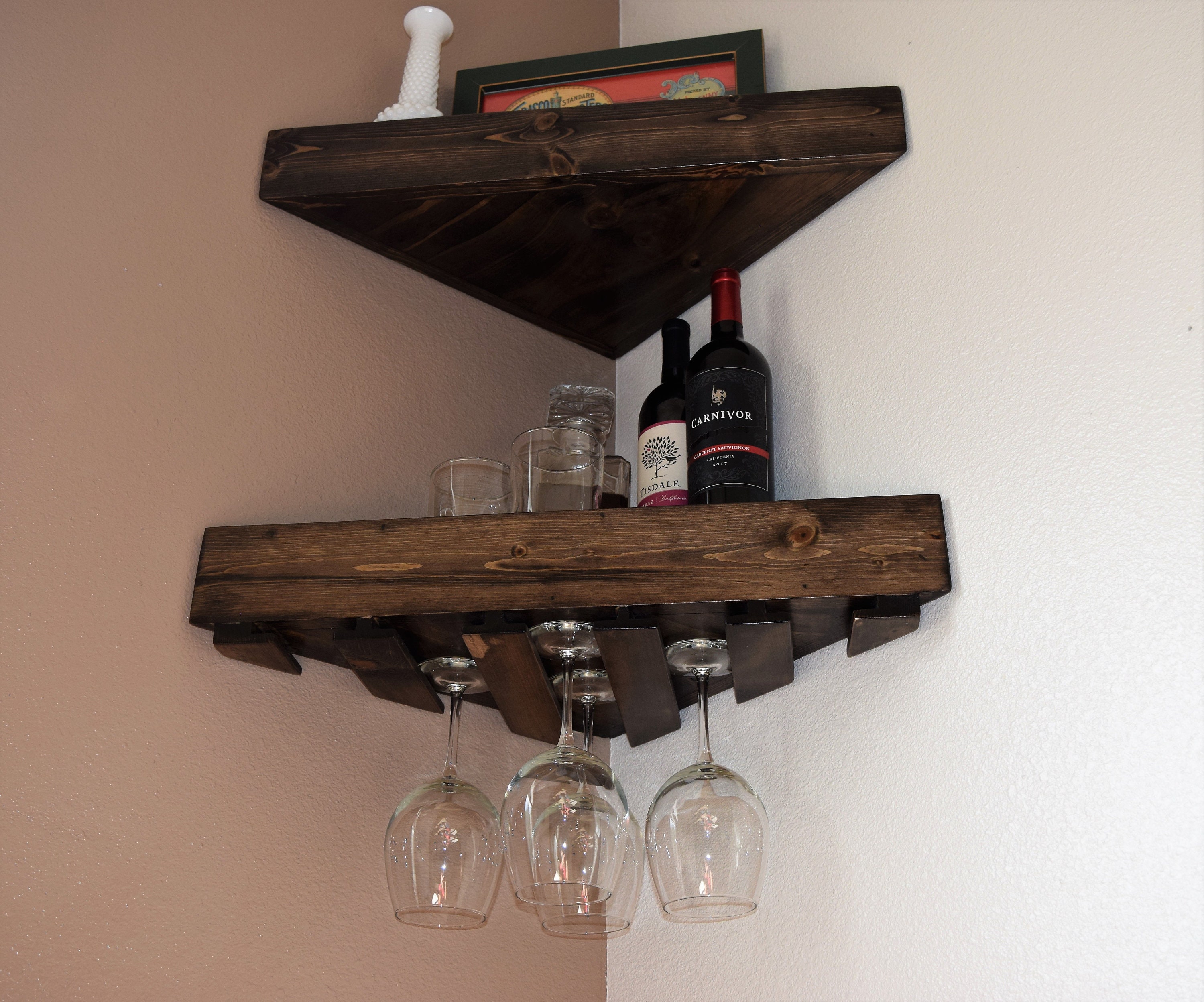  Estante flotante para vino de techo – Estante colgante de  madera maciza para botellas, estante de techo colgante de pared, estante de  vino de madera maciza de hierro forjado suspendido, soporte