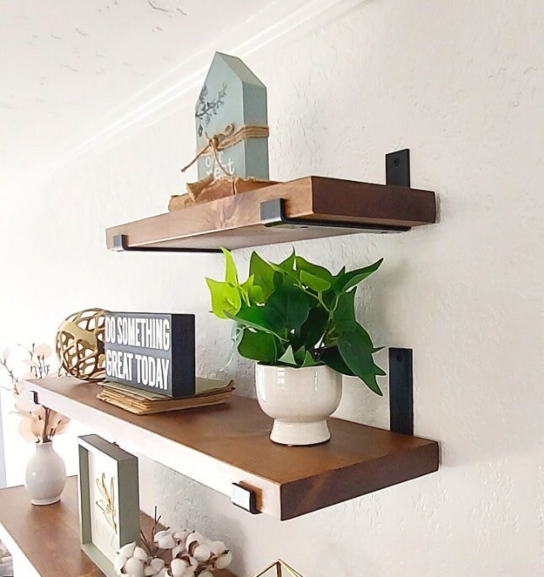 Rustic Solid Wooden Shelf and 2 Industrial Metal J Shelf Brackets