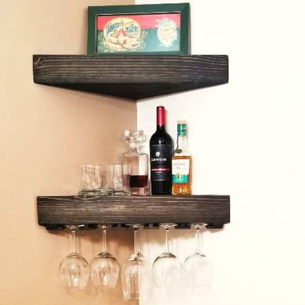 Standard Floating Wine Shelf Set, Hanging Wine Rack, Wooden Wine Rack, Corner Floating Shelf,Hanging Wine Glass Organizer,Hanging Wine Glass