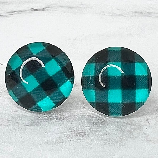 12mm Teal Buffalo Plaid Studs | Glass Dome Cabochon | Lead free | Hypoallergenic | Great for gifts | Handmade | Anniversary | Colorful | Fun