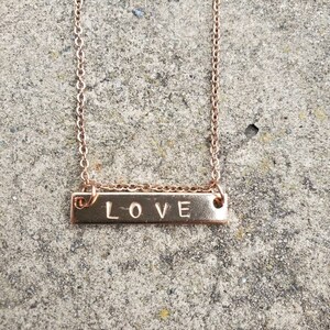 Love Stamped Rose Gold Plated Necklace - Love Charm Necklace - Hand Stamped Personalized Necklace