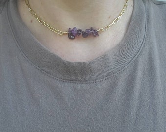 Amethyst Choker - 14K Gold Choker - Amethyst Gold Necklace - Adjustable Choker - Trending Choker - Gold Chain Choker- Amethyst
