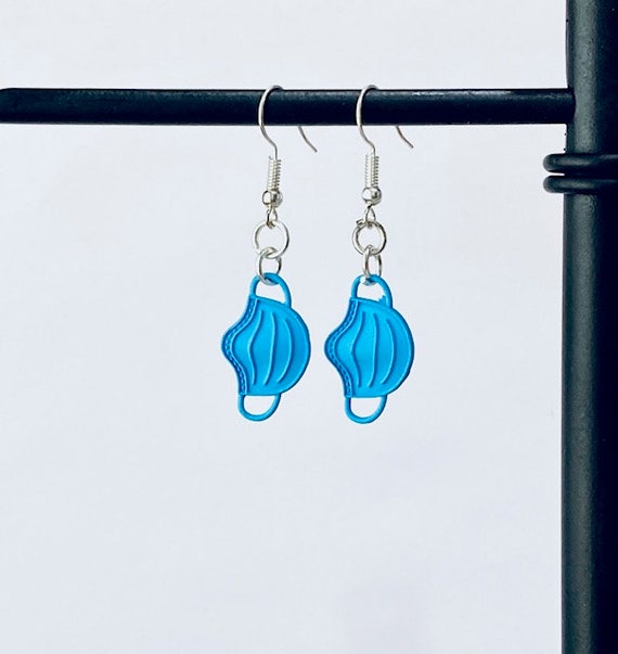 Blue Face Mask Hook Earrings Facemask Trendy Metal Nurse Etsy