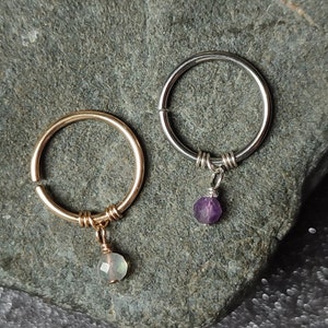 Gemstone Helix Ring, Tiny Charm Handmade Cartilage Hoop in 14k Gold Filled or Surgical Steel, Unique Beaded Jewelry